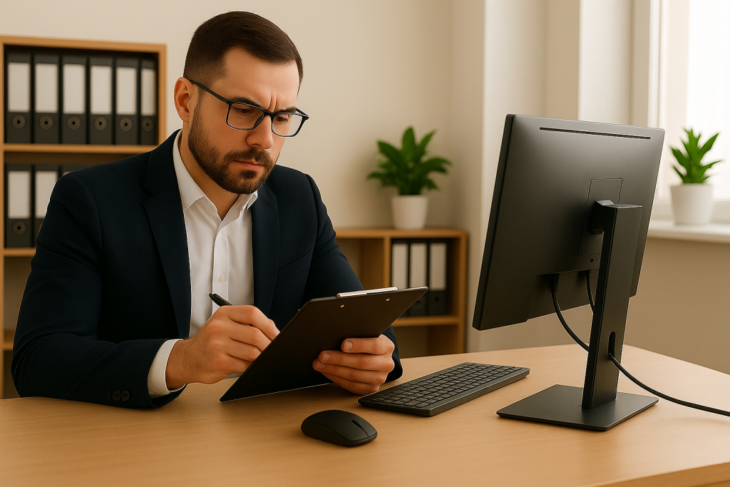 Kfz Gutachter erstellt ein Gutachten am Computer.
