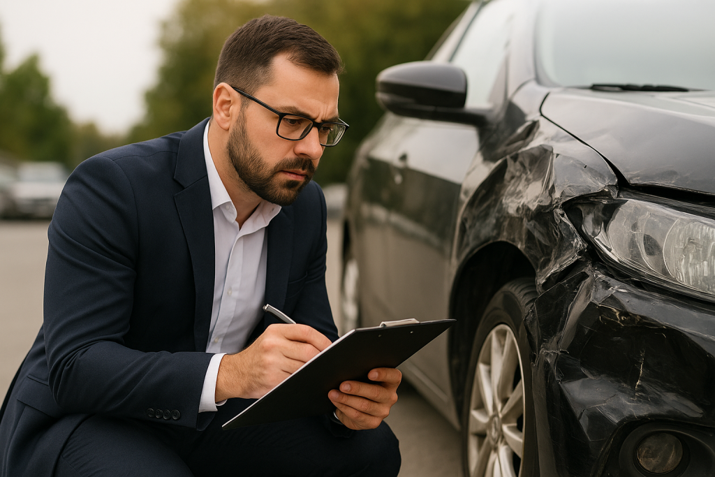 Kfz Schadengutachten wird direkt am beschädigten Auto erstellt.