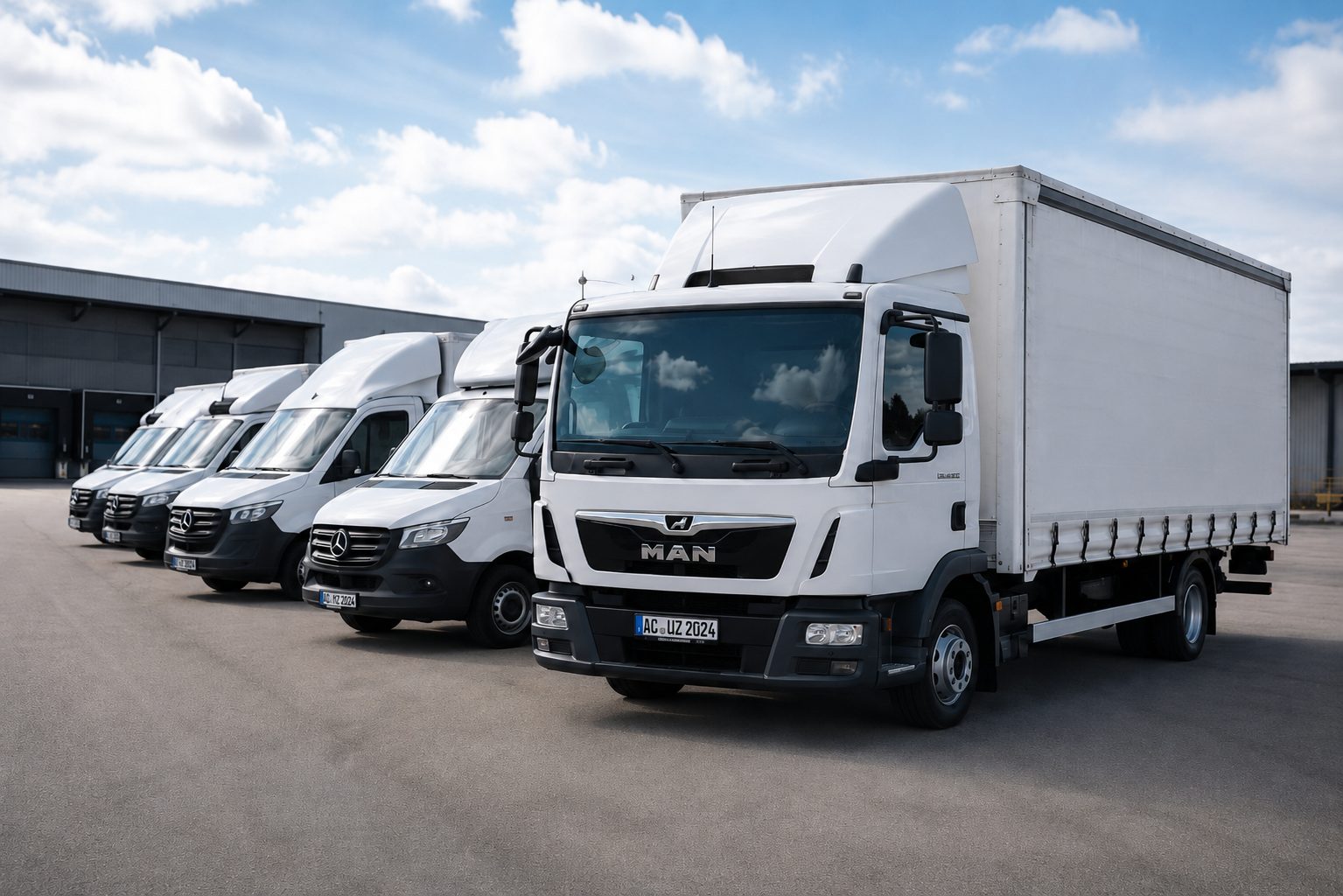 Fuhrpark mit Transportern und Lkw auf Betriebshof – Kfz Gutachterzentrale Aachen für Unternehmen und Flotten